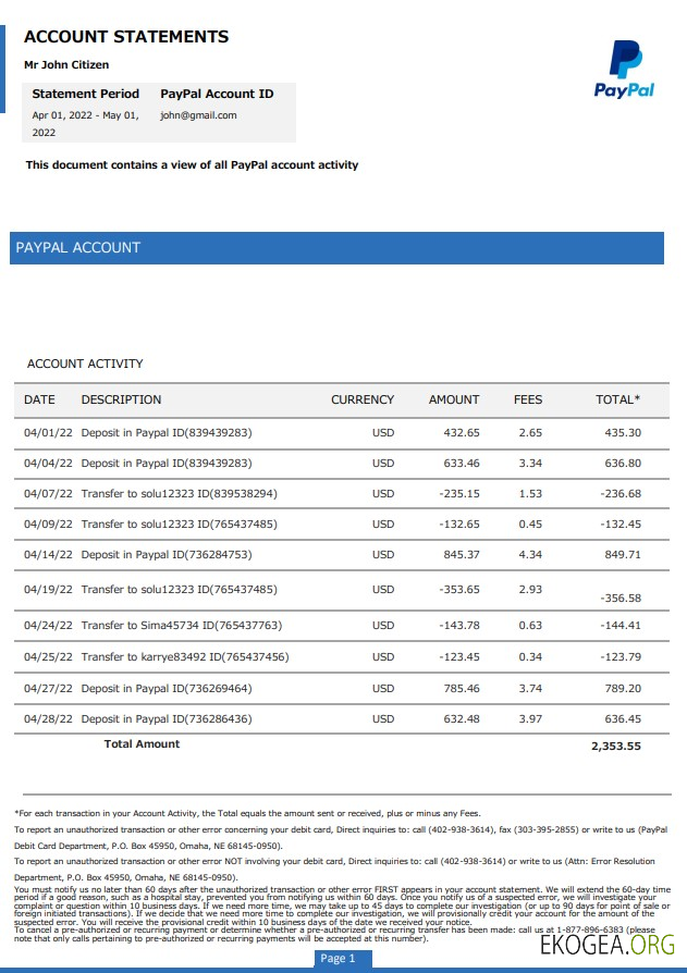 Relevé de compte PayPal aux États Unis